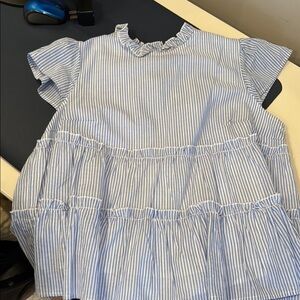 Blue and White Striped Blouse with Ruffles